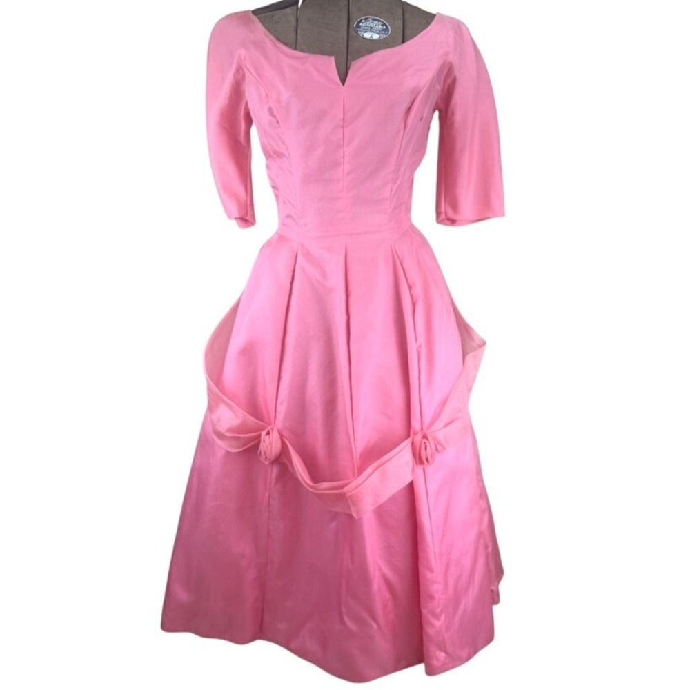 Vintage 50s HARRY KEISER Taffeta Party Dress|S|Pink Chiffon Swag Rosette Bustle